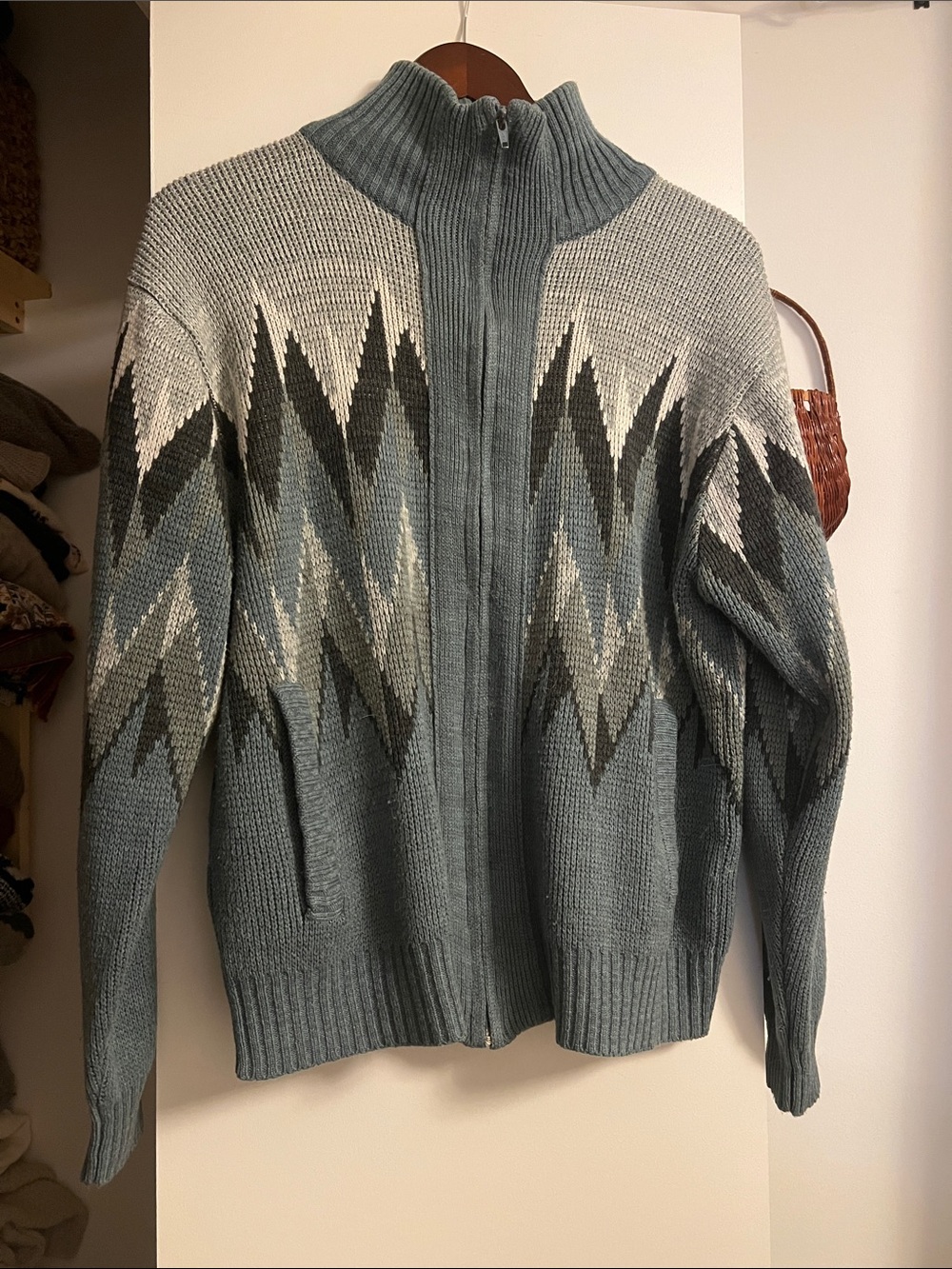 Zip-Up Geometric Knit Sweater Cardigan - Blue